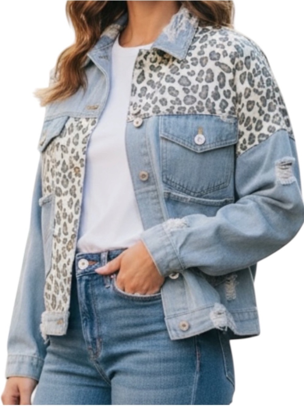 Y2K Leopard Patchwork Cropped Denim Jacket XL Distressed Oversized Jean Coat - Picture 2 of 14